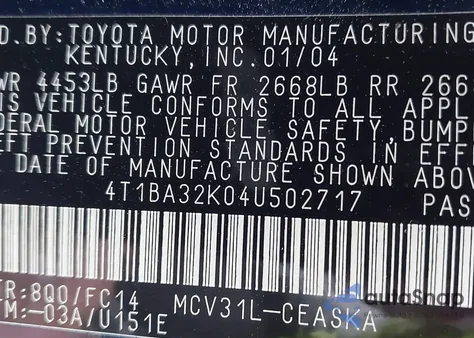 2004 Toyota Camry Se V6 from USA, damaged, VIN 4T1BA32K04U502717